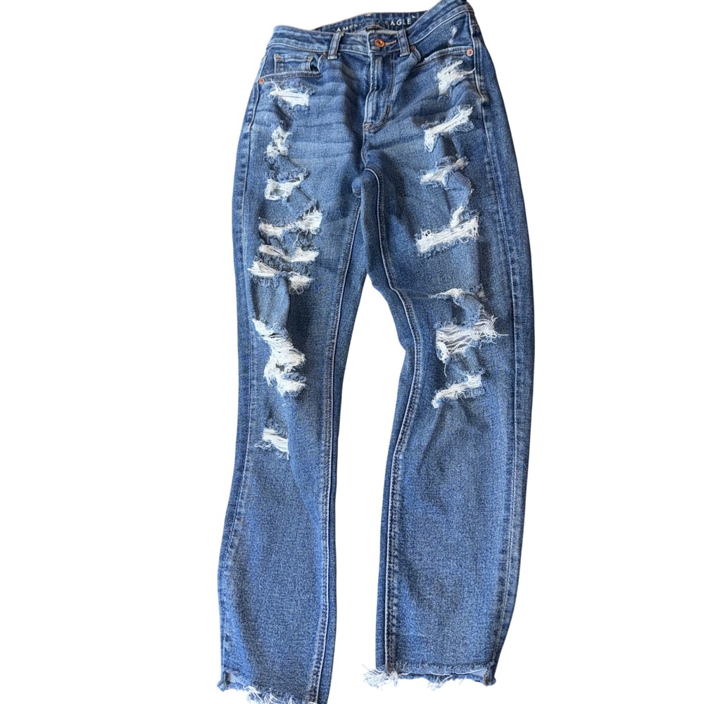 American Eagle Mom Jeans Size 0 Blue Distressed High Waisted Raw Hem Denim